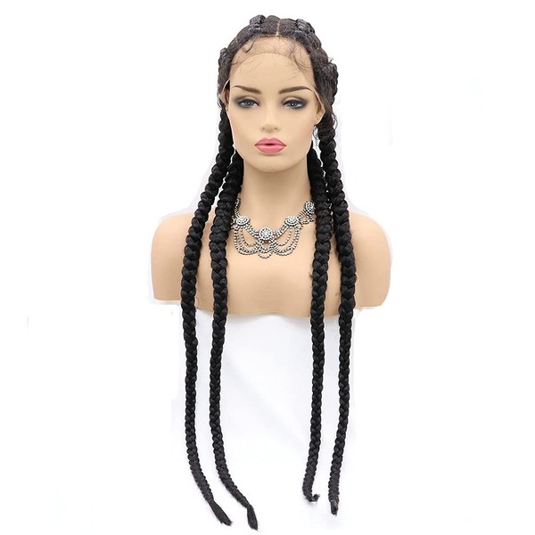 Sylvia 24" 4 Braids Wig with Baby Hair Synthetic Wig with 4 Braids Heat Resistant Fiber Black