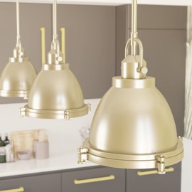 Hunter - Bridgemoor 1-light Modern Brass, Medium Size Pendant Light, Dimmable, Industrial Style, Dome Shaped, for Bedrooms, Kitchens, Dining, Living Rooms - 19108