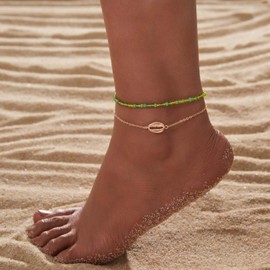 Crymystal Bohemian Layered Green Beads Anklet for Women Retro Shells Ankle Bracelets Gold Anklets Chain Bracelet Summer Beach Foot Ankle Chain Jewelry for Girls Gifts