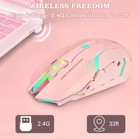 Wireless Gaming Mouse, Rechargeable Wireless Computer Mouse with Type-C Fast Charging, Ergonomic Mouse with 3 Adjustable DPI, 6 Silent Buttons, LED Light, Long Battery Life for Laptop, PC, Mac (Pink)