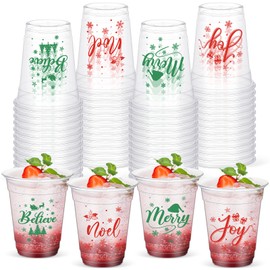 Sliner 60 Pcs Christmas Cups Bulk 12 oz Disposable Plastic Xmas Cups Clear Drinking Beverage Cups for Winter Holiday Indoor Outdoor Christmas Decoration Party Supplies, 4 Styles (Joy and Believe)
