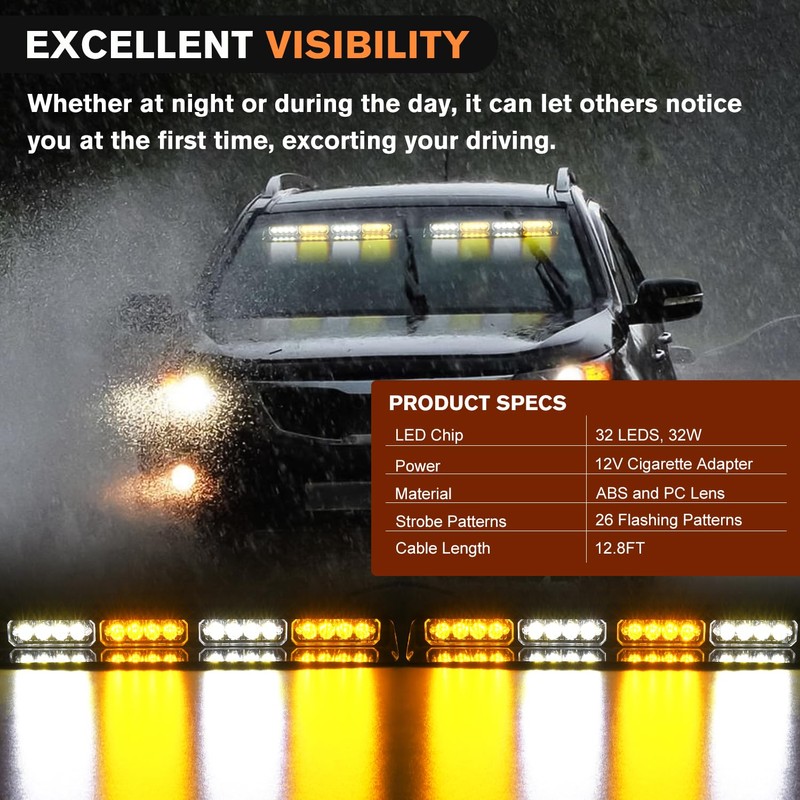 Nilight 32LED Amber White Emergency Dash Strobe Lights with Controller