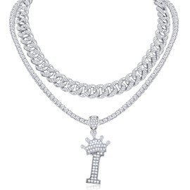 KAERUN Cuban Link Chain For Women Men Silver Crown Initial Pendant Necklace Iced Out Miami Bling Diamond Tennis Chain Necklaces A-Z Letter Pendant Rapper Hip Hop Jewelry