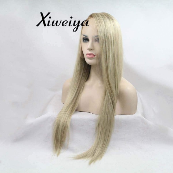 Xiweiya Wigs Long Ombre Silky Straight Hair Wigs With Brown Roots Synthetic Blonde Lace Front Wigs Heat Resistant Fiber Wig Long Soft Synthetic Ombre Wigs