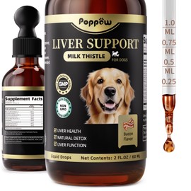 POPPAW Milk Thistle for Dogs – 9-in-1 Liver and Kidney Support Drops with Artichoke, Resveratrol, Marigold Extract, 100% Natural Detox Supplement for Liver Function, Split Dropper, Bacon Flavor, 2Oz