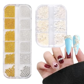 WhaleO 2 Boxes Nail Charms Nail Jewellery Charms Nail Stones 0.8-3.0 mm Golden Silver Mini Nail Art Charms Nail Art Beads for Nails, Overlays Nails Beads for Sticking Nail Decoration