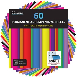 Kassa Permanent Adhesive Vinyl: 10 Colors (60 Sheets, 12” x 12”), Includes Squeegee for Easy Application, Compatible with Cricut, Silhouette & All Cutting Machines