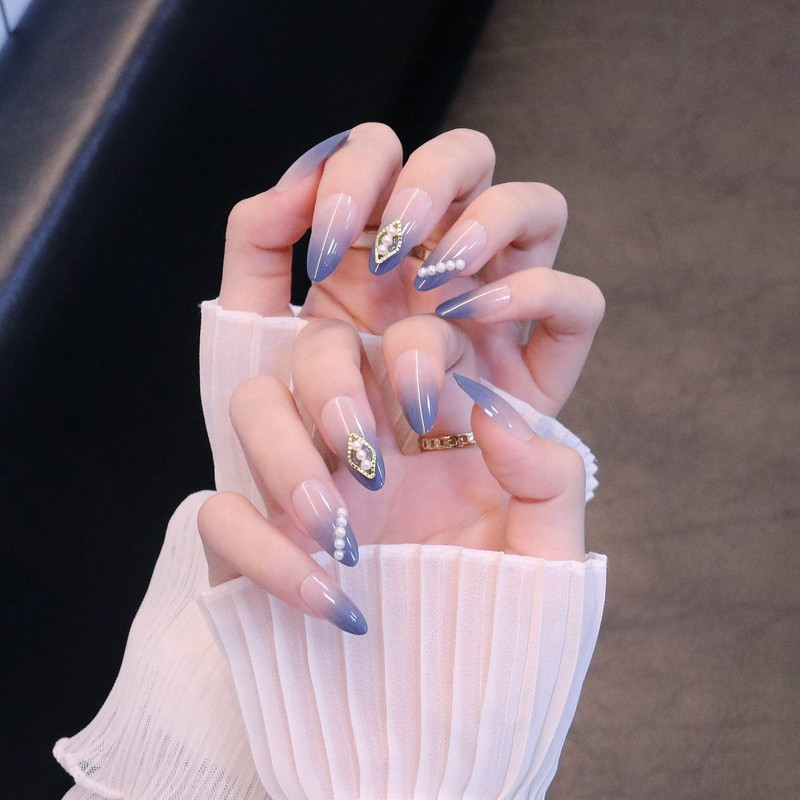 24pcs Navy Gradient Nail Tips French Nail Pearls for Wedding,