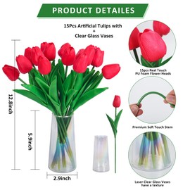 RECUTMS Faux Tulips with Stems 15Pcs Artificial Flowers in Clear Glass Vase Real Touch PU Bouquet for Valentine's Day Spring Wedding Centerpiece Home Office Party Floral Arrangements(Red)
