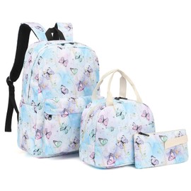 Fuyicat Marble Butterfly School Backpack Set for Girls, 3-in-1 Kids Teens Elementary Middle School Bags Bookbag with Lunch Bag Pencil Case (Blue)