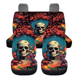 Allcute Fire Butterfly Floral Skull Car Seat Covers Full Set for SUV Trucks Van Sedan Elastic Front Rear Seat Cover Auto Bench Seat Protector Universal Fit Car Accessories Black