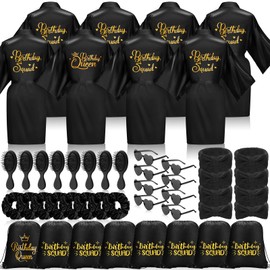 Coume 48 Pcs Women Birthday Robe Birthday Queen Squad Robe Sunglasses Scrunchie Headbands Comb Bag for Spa Party(Black)