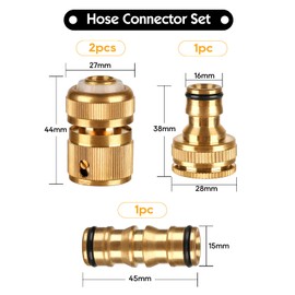 CoKeeSun 4 Pcs Brass Hose Connector Set 2 Hose 1/2" End Quick Connectors, 1 Double Male Connector, 1 Hose Tap Connector with Waterproof Tape and Washers for Garden Hose Pipe