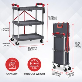 Garvee Folding Utility Service Cart, Collapsible Cart with Wheels, 3 Tier Rolling Utility Cart, Folding Cart with Wheels Collapsible, Service Cart for Tool, Cleaning, Bar, Garage, Kitchen, Office