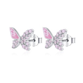 Butterfly Stud Earrings 925 Sterling Silver Women's Butterfly Earrings with Pink Zircon Enamel Stud Earrings Butterfly Jewellery Gifts for Girls Children, Sterling Silver
