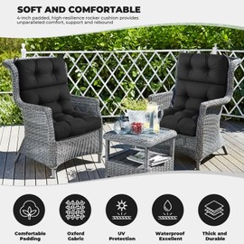 DANGHOOGY Outdoor/Indoor High Back Chair Cushion, 2 Pack Waterproof Outdoor Rocking Chair Cushion with Ties, Tufted Replacement Seat Cushions for Outdoor Furniture, Black