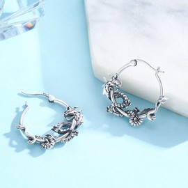 ZIPPICE Dragon Earrings Hoop Earrings 925 Sterling Silver Animal Earrings Dragon Jewellery for Unisex Men Girls Women Teenager Gift Mother's Day Gifts for Mum, Sterling Silver, No Gemstone