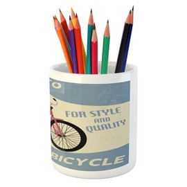 Lunarable 1960s Pencil Pen Holder, I Want to Ride My Bicycle for Style and Quality Joy Vintage Poster Art, Printed Ceramic Pencil Pen Holder for Desk Office Accessory, Purple Grey Beige