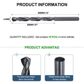 METALLIXITY Drill Bit (4.4mm) 10Pcs, 4241 High-Speed Steel Straight Shank Nitriding Black 118° for Wood Plastic Iron Copper Aluminum Low Soft Metal