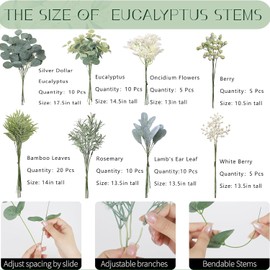 YLEALTH Artificial Eucalyptus Stems 75 Pcs, 8 Kinds Mixed Faux Greenery and Fake Flowers with Faux Eucalyptus Leaves Greenery Stems for Wedding DIY Bouquets Floral Arrangement Home Décor