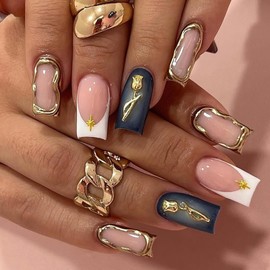 FNKFNK White French Tips Press on Nails Medium Square Fake Nails with 3D Gold Flower Star Charm Design Glossy Gold Embossed Lines Coffin False Nails Reusable Glue on Nails for Women Nail Decor 24Pcs