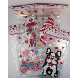 Regent 60 Valentine Lg Treat Cookie Party Bags w/Twist Ties - 4 Designs Hearts Love Dog