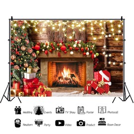Merry Christmas Backdrop 5x3ft Fireplace Background Vintage Brick Wall Christmas Tree Xmas Photography Background Happy New Year Festival Party Decoration Banner
