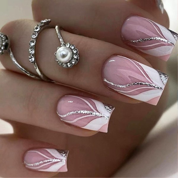 24Pcs False Nails,UHOMENY Square False Nails Short Long Fake Nails
