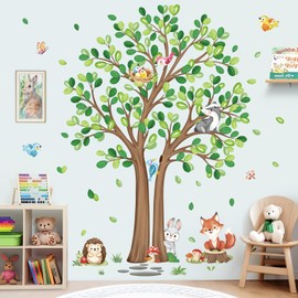 decalmile Woodland Animals Large Forest Tree Wall Decals Fox Rabbit Hedgehog Wall Stickers Baby Nursery Toddler Room Living Room Wall Decor
