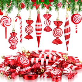 Liliful 36 Pcs Christmas Candy Ornament Christmas Tree Decorations Hanging Glitter Candy Cane Ornament Plastic Red Lollipop Peppermint Tree Ornament for Xmas New Year Holiday Party Decor(Vivid Style)