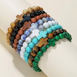 HYHONEY Beaded Bracelets Cross Bracelet for Women Men Lava Rock Turquoise Tiger Eye Natural Bracelet Anxiety Healing