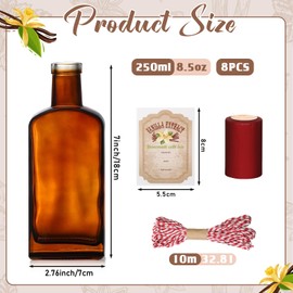 Suclain 8 Pack 8.5 oz Amber Glass Bottle for Vanilla Extract Homemade, Brown Vanilla Extract Bottles with Airtight Lid and Stickers for Syrup Gift Food Storage Canister Christmas Small Gift(Red)