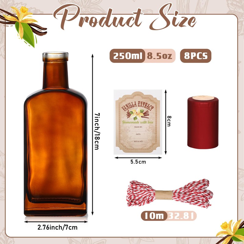 Suclain 8 Pack 8.5 oz Amber Glass Bottle for Vanilla