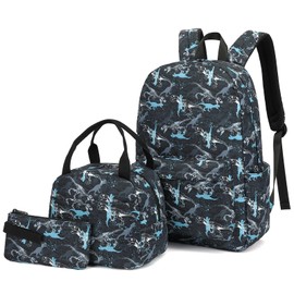 Lreneilu 3in1 School Backpacks for Boys Girls, kids Bookbag Set with Lunch Box and Pencil Case Laptop Backpack for Women, Elementary Middle School Bags (Tie Dye Tyrannosaurus Rex)