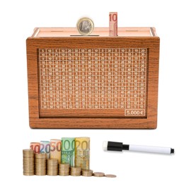 SCBOY Wooden Money Box Reusable Money Box with Savings Target and Money Box with Numbers Helps Children The Habit of Saving (€5000)