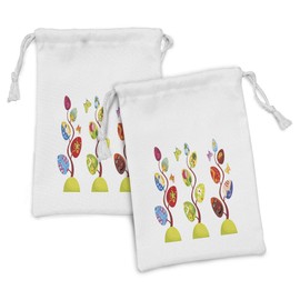 Ambesonne Magic Fabric Pouch Set of 2, Magic Tree Branches with Diverse Leaves Filled with Human and Cat Face Tree of Life, Small Drawstring Bag for Toiletries Masks and Favors, 9" x 6", Multicolor