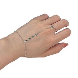 925 Sterling Silver Emerald Green CZ Finger Ring Bracelet Hand Chain for Women, Emerald Jewelry Slave Bracelets 7" to 9" Adjustable