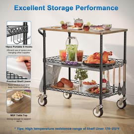 Leteuke Rolling Kitchen Carts with Wheels, 34"L x 17.5"W x 32.5"H, 3-Tier Heavy Duty Utility Cart with Wood Tabletop, NSF Commercial Metal Serving Cart with Handle and Shelf Liner for Kitchen, Black