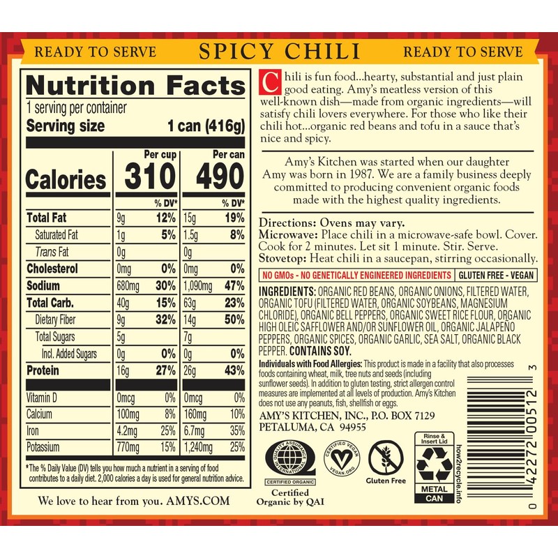 Amy's, Chili, Gluten Free, Vegetarian, Organic, Spicy, Jalapeño Pepper, 14.7