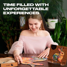 UNIDRAGON Original Wooden Jigsaw Puzzles - Precious Rabbit, 195 Pieces, Medium Size 11.4"x11.8", Beautiful Gift Package, Unique Shape Best Gift for Adults and Kids