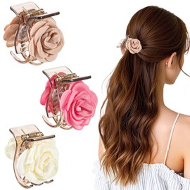 Qianyu 3 PCS Rose Flower Hair Clips French Barrettes Small High Ponytail Claw Clips Hair Accessories Blooming Floral Hairpins for Girl Women Thick Fine Thin Long Hairs Prom Weddings Parties