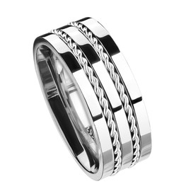 Paula & Fritz® Men's Silver Cable Inlay Titanium ium Grade 2 Size 57 (18.1) - 70 (22.3) 8mm Ring Width Partner Ring Engagement Ring Ladies Ring, Titanium, No Gemstone