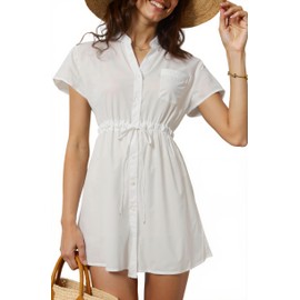 HRUTANE Women Swimsuit Coverup Button Down Bathing Suit Cover Ups V Neck Beach Bikini Swimwear 2025 Vacation Outfits,A-White L