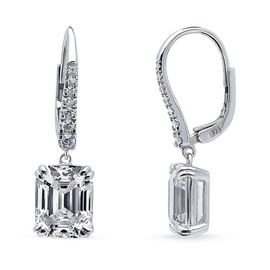 BERRICLE Sterling Silver Solitaire 7.6 Carat Emerald Cut Cubic Zirconia CZ Statement Anniversary Leverback Dangle Drop Earrings for Women, Rhodium Plated
