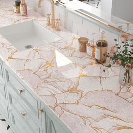 FunStick Gold Pink Marble Countertop Contact Paper Waterproof Marble Contact Paper for Countertops Cabinets Self Adhesive Marble Wallpaper Peel and Stick Countertops for Kitchen Bathroom Desk 16"x80"