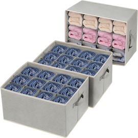Baesyhom 3 Pcs 12 Cell Large Size Pants Organizers for Clothes, Jeans, Sweater, T-shirt, Dress Stackable for Wardrobe Closet Drawer Organizer Storage Bin Container, Grey