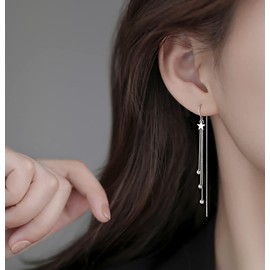 Reffeer Solid 925 Sterling Silver Ball Bead Tassel Chain Dangle Earrings for Women Long Dangle Earrings Threader Drops (A-Silver)