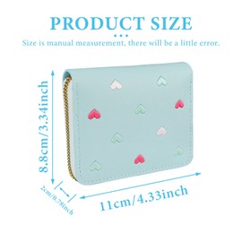 FuninCrea Ladies Purse Wallet with Star Pendant, PU Leather Purse with Card Slots and Compartments, Lady Credit Card Holder with Zipper, Solid Small Wallet with Embroidery Heart Pattern, Blue, Small,