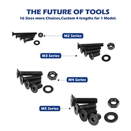 1500pcs Screws Assortment , M2 M3 M4 M5 10.9 Grade Alloy Steel Hex Flat Head Cap Bolts Nuts Washers Assortment Kit with Hex Wrenches, A Black Hex Flat Head Cap Bolts, (M2-M5-1500)
