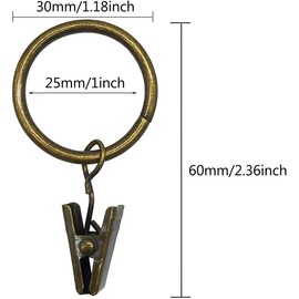 Curtain Rings with Clips Decorative Rings Rustproof Vintage Style 1" Inner Diameter Black Pack of 15 (Bronze)